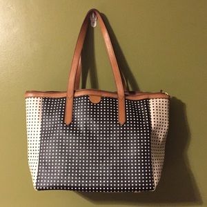Fossil Black and White Polka Dot Leather-Trim Shoulder Tote